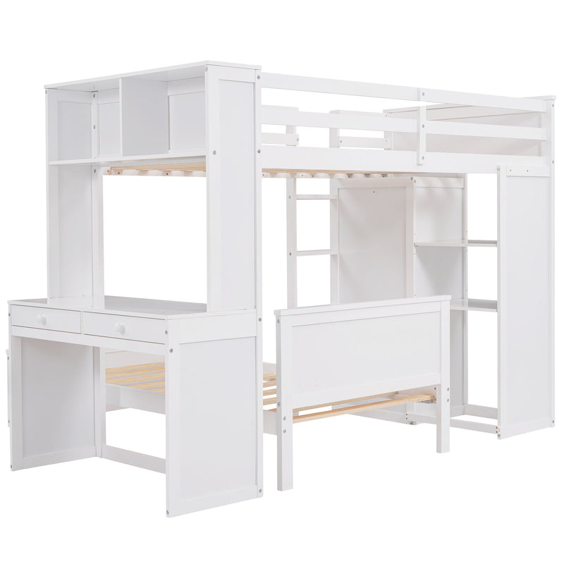 Twin Size Loft Bed With A Stand - Alone Bed, Shelves, Desk, And Wardrobe - White