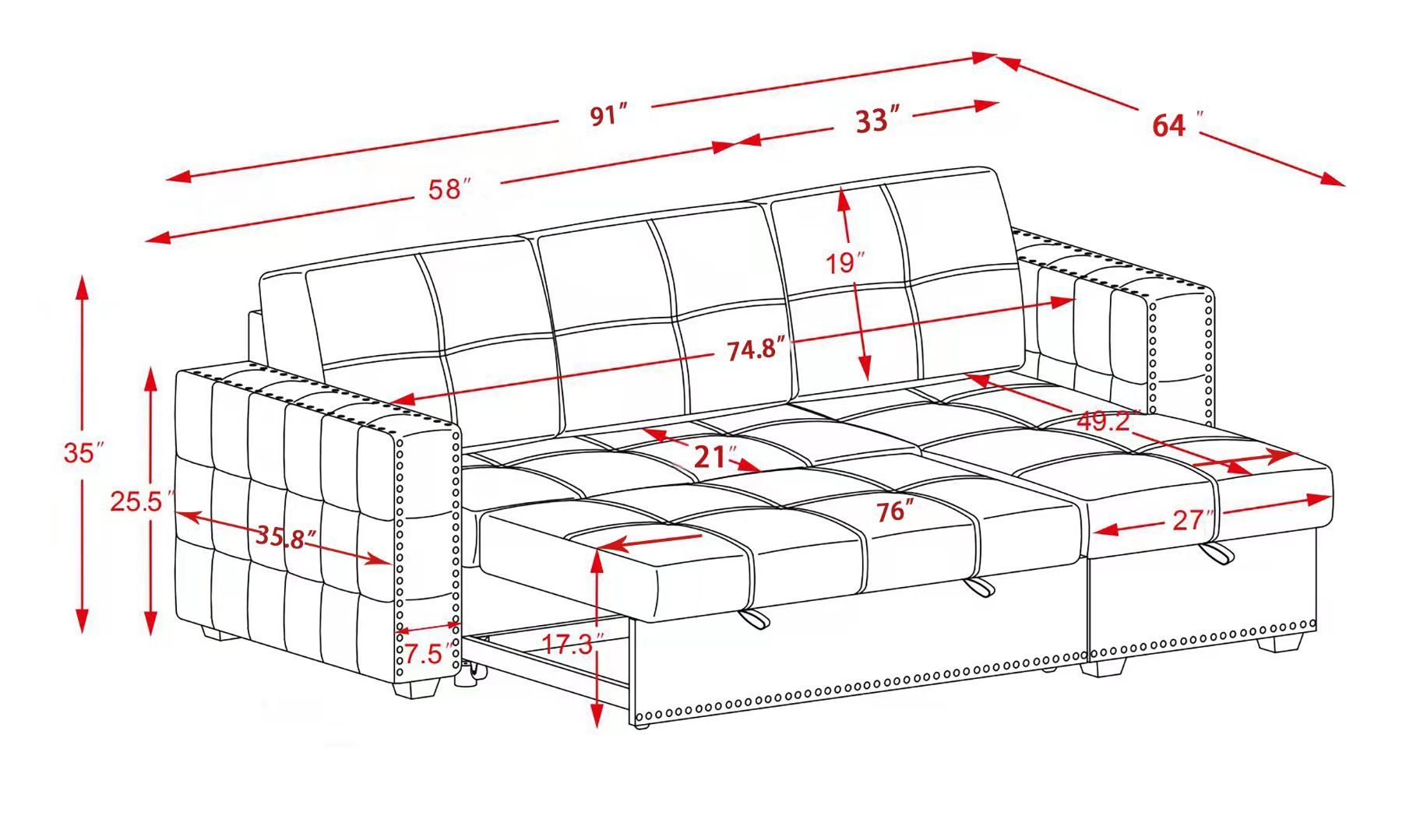 Reversible Sleeper Sectional Storage Sofa Bed,Corner Sofa-Bed With Storage,3 Seat Both Left Handed And Right Handed, Nailheaded - Atlantic Fine Furniture Inc