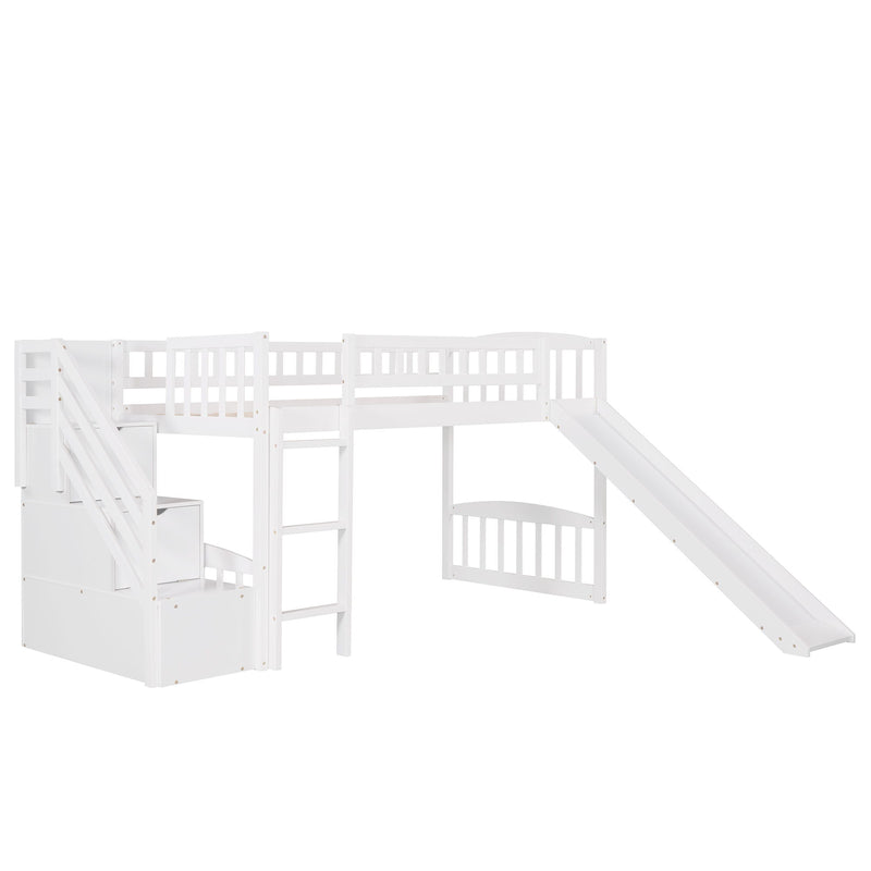 Stairway Twin Size Loft Bed With Two Drawers And Slide, White