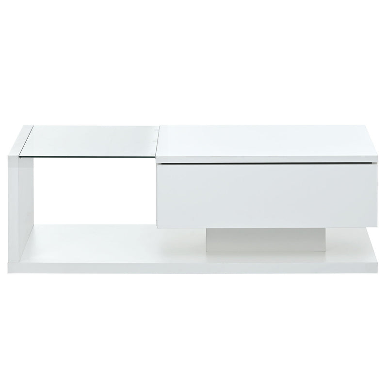 On-Trend Modern Coffee Table With Tempered Glass, Wooden Cocktail Table With High-Gloss Uv Surface, Modernist 2-Tier Rectangle Center Table For Living Room, White