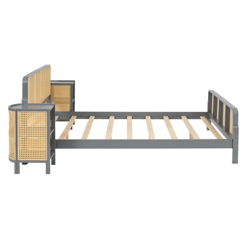 3 Pieces Rattan Platform Full Size Bed With 2 Nightstands, Gray