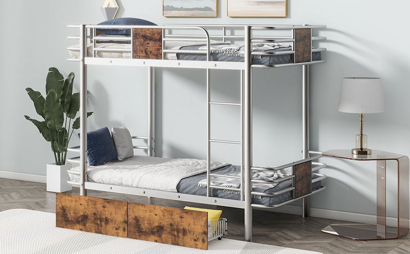 Twin XL Over Twin XL Metal Bunk Bed With MDF Board Guardrail And Two Storage Drawers, Silver