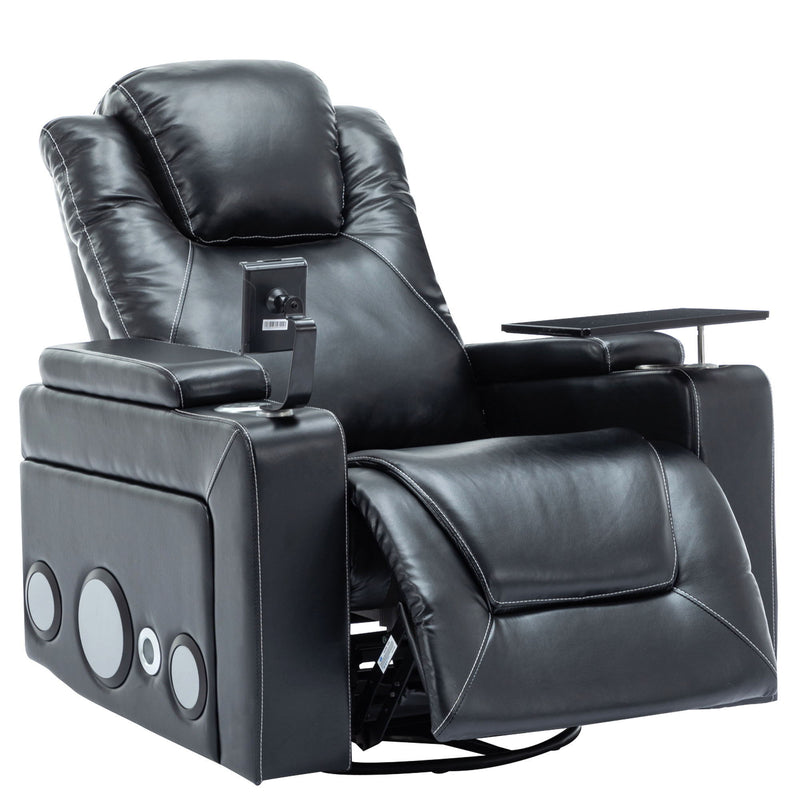 270 Degree Swivel PU Leather Power Recliner Individual Seat Home Theater Recliner With Surround Sound, Cup Holder, Removable Tray Table, Hidden Arm Storage For Living Room, Black