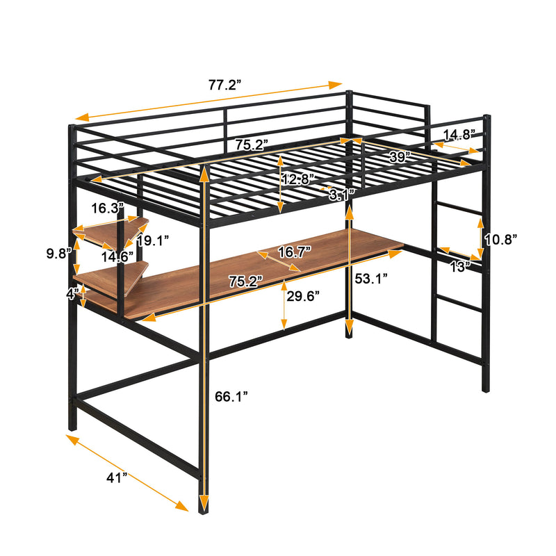 Twin Metal Loft Bed With Desk And Shelve, Black