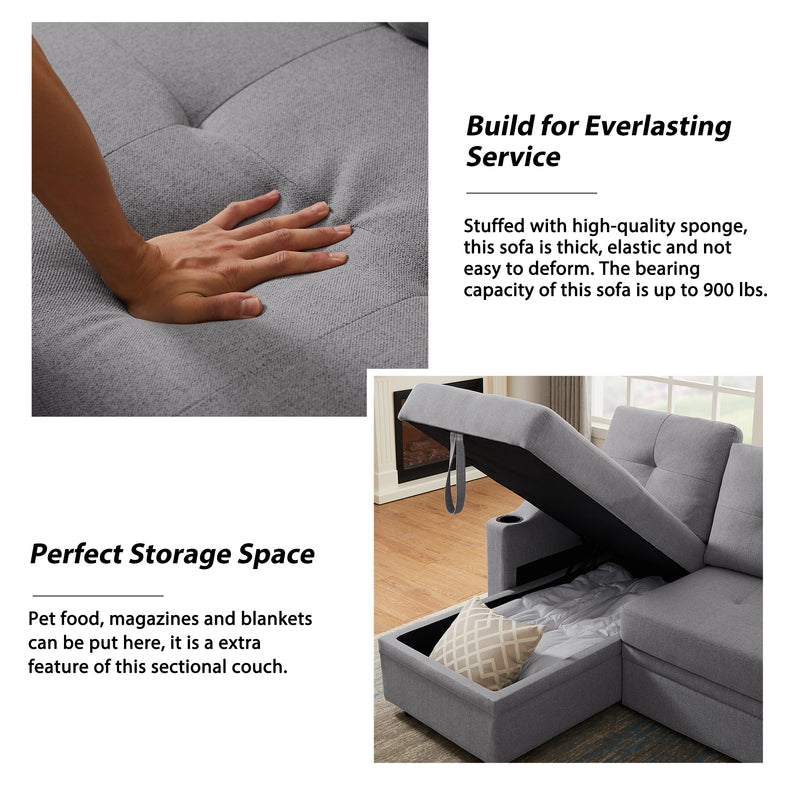 Orisfur. 81" Sleeper Sofa Bed Reversible Sectional Couch with Storage Chaise and Two Cup Holders for Living Room Furniture Set