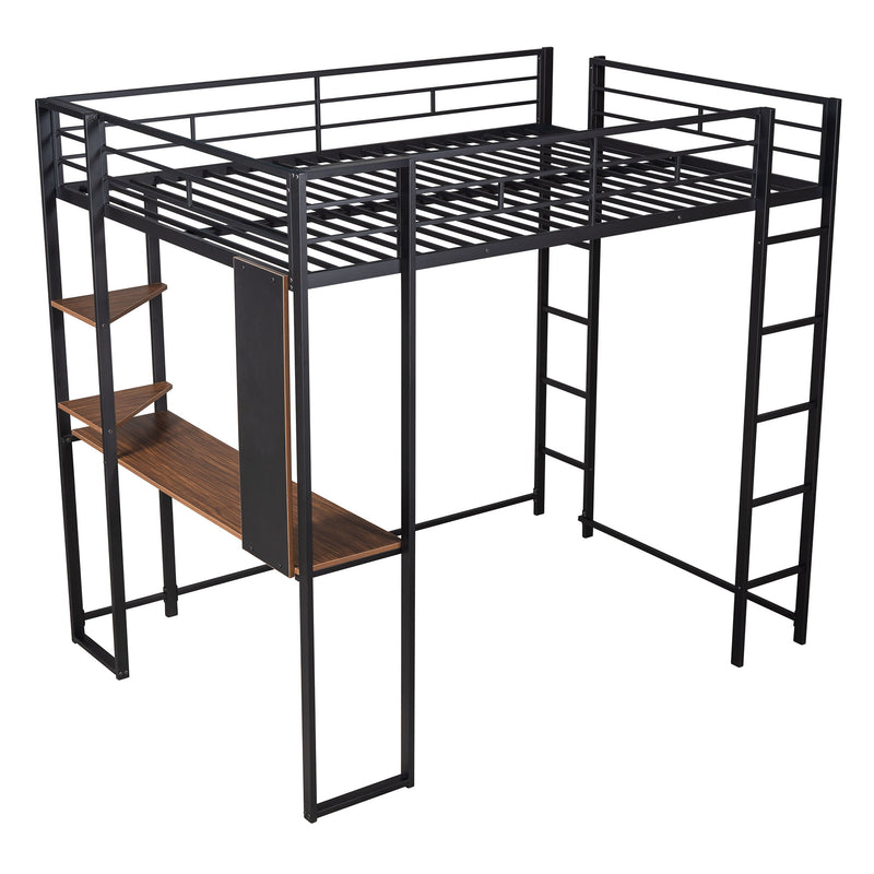 Full Size Metal Loft Bed With 2 Shelves And One Desk, Black