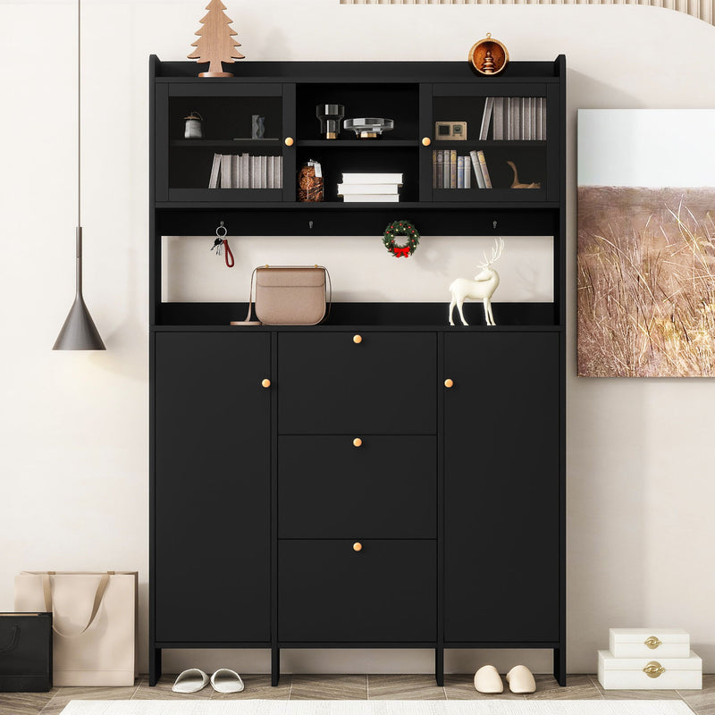 On-Trend Contemporary Shoe Cabinet With Open Storage Platform, Tempered Glass Hall Tree With 3 Flip Drawers, Versatile Tall Cabinet With 4 Hanging Hooks For Hallway, Black