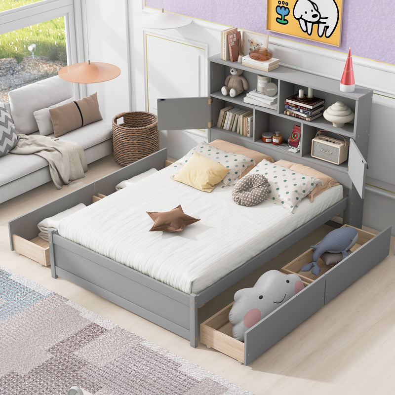 Full Size Platform Bed With Storage Headboard, Charging Station And 4 Drawers, Gray