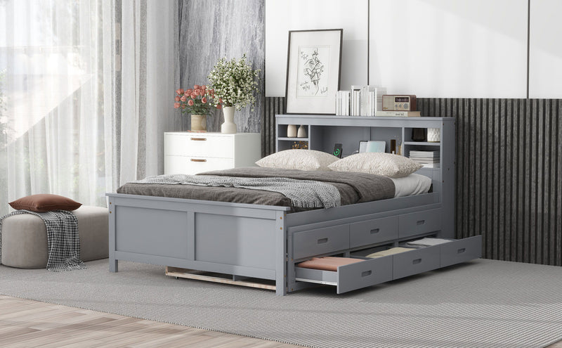 Full Size Platform Bed With Storage Headboard, USB, Twin Size Trundle And 3 Drawers, Gray