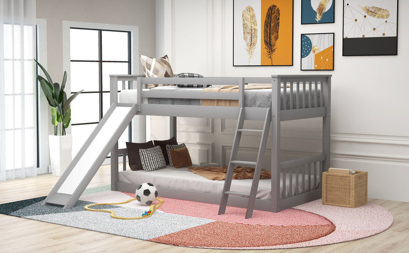 Twin Over Twin Bunk Bed, With Convertible Slide And Ladder, Gray