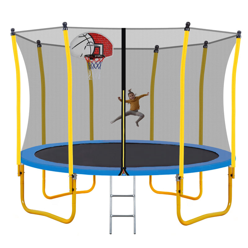 12FT Trampoline For Kids With Safety Enclosure Net - Basketball Hoop And Ladder - Easy Assembly Round Outdoor Recreational Trampoline - Yellow