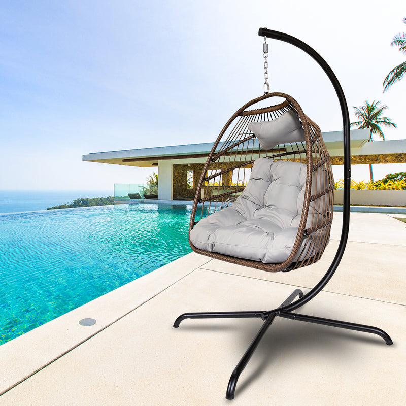 Swing Egg Chair with Stand Indoor Outdoor Wicker Rattan Patio Basket Hanging Chair with C Type bracket , with cushion and pillow,Patio Wicker folding Hanging Chair - Atlantic Fine Furniture Inc