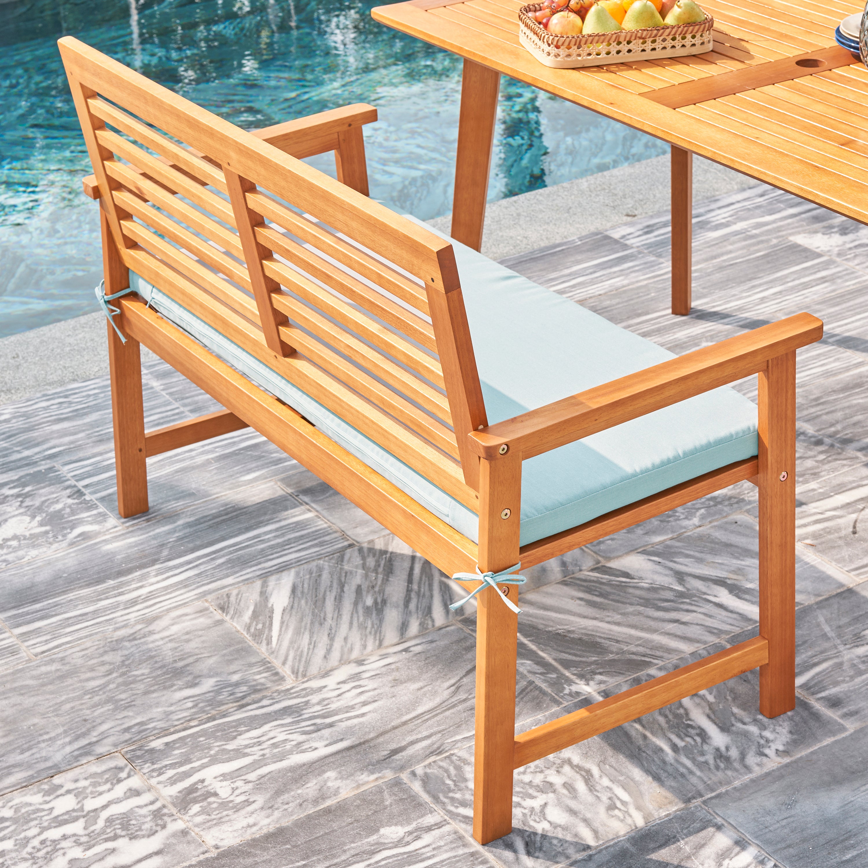 Waimea Honey Slatted Eucalyptus Wood Garden Bench with Cushion - Atlantic Fine Furniture Inc