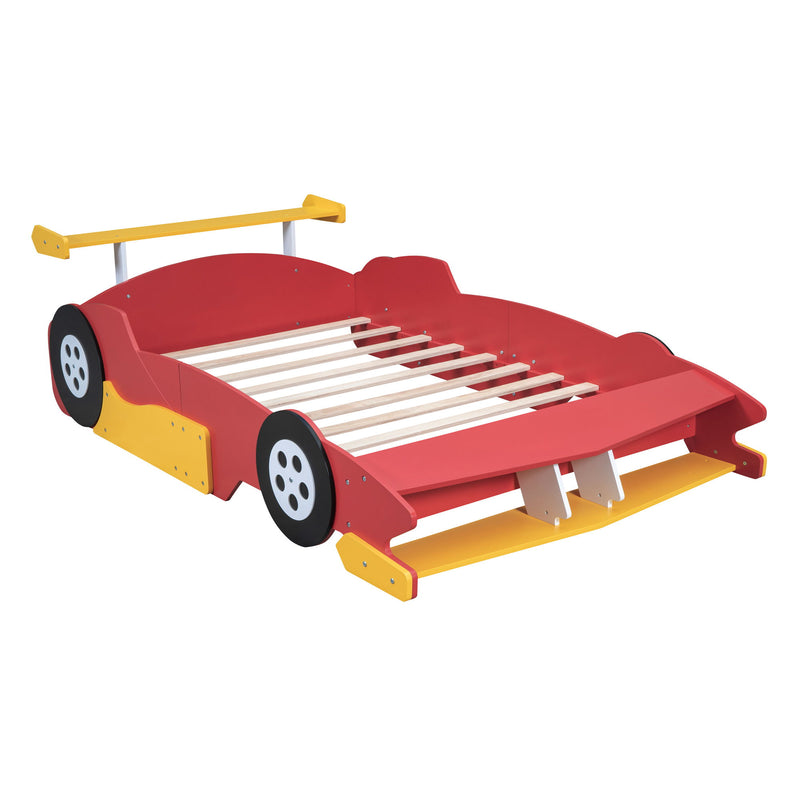 Full Size Race Car-Shaped Platform Bed With Wheels - Red