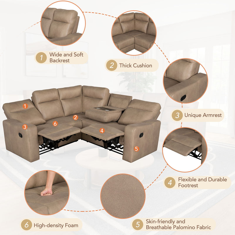 87.5" Manual Reclining Home Theater Seating Recliner Chair Sofa With Flipped Middle Backrest, 2 Cup Holders For Living Room, Bedroom, Home Theater, Light Brown