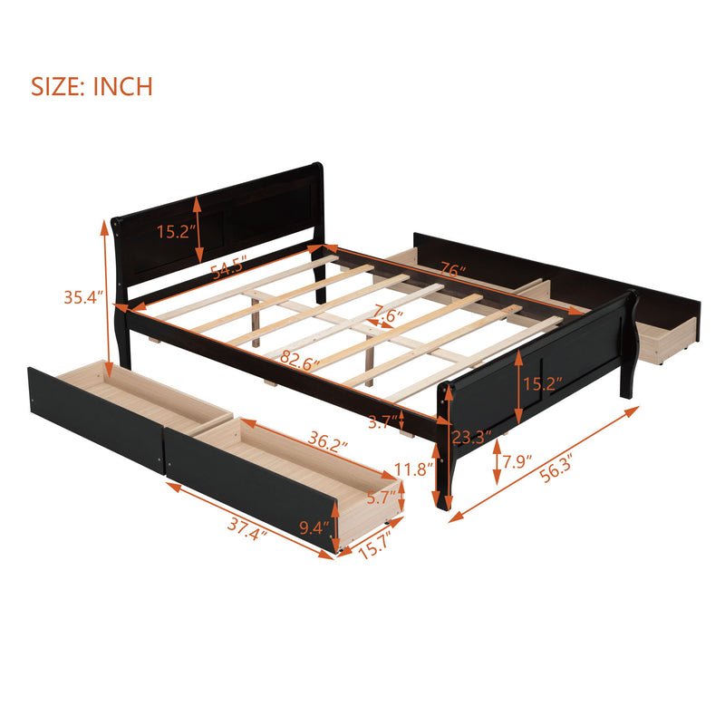 Full Size Wood Platform Bed With 4 Drawers And Streamlined Headboard & Footboard, Espresso