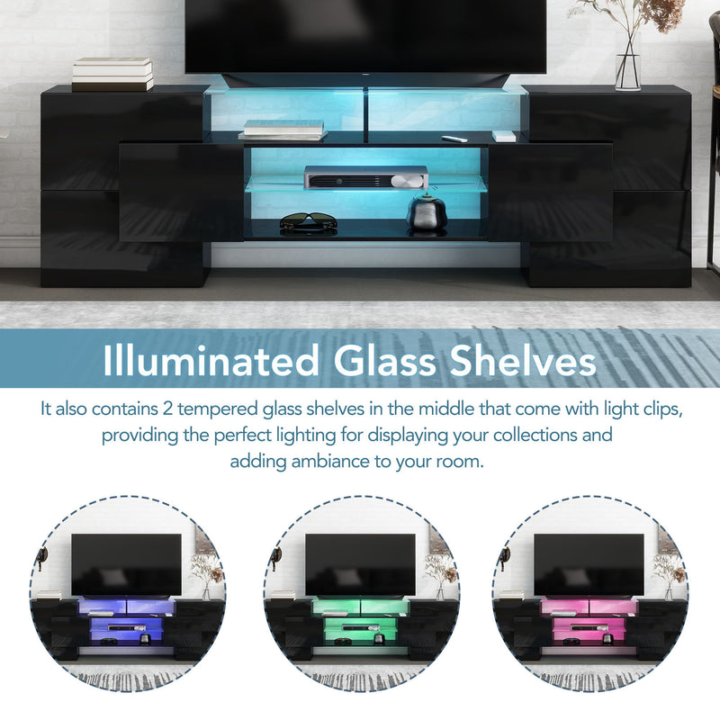 On-Trend Unique Shape TV Stand With 2 Illuminated Glass Shelves, High Gloss Entertainment Center For Tvs Up To 80", Versatile TV Cabinet With Led Color Changing Lights For Living Room, Black