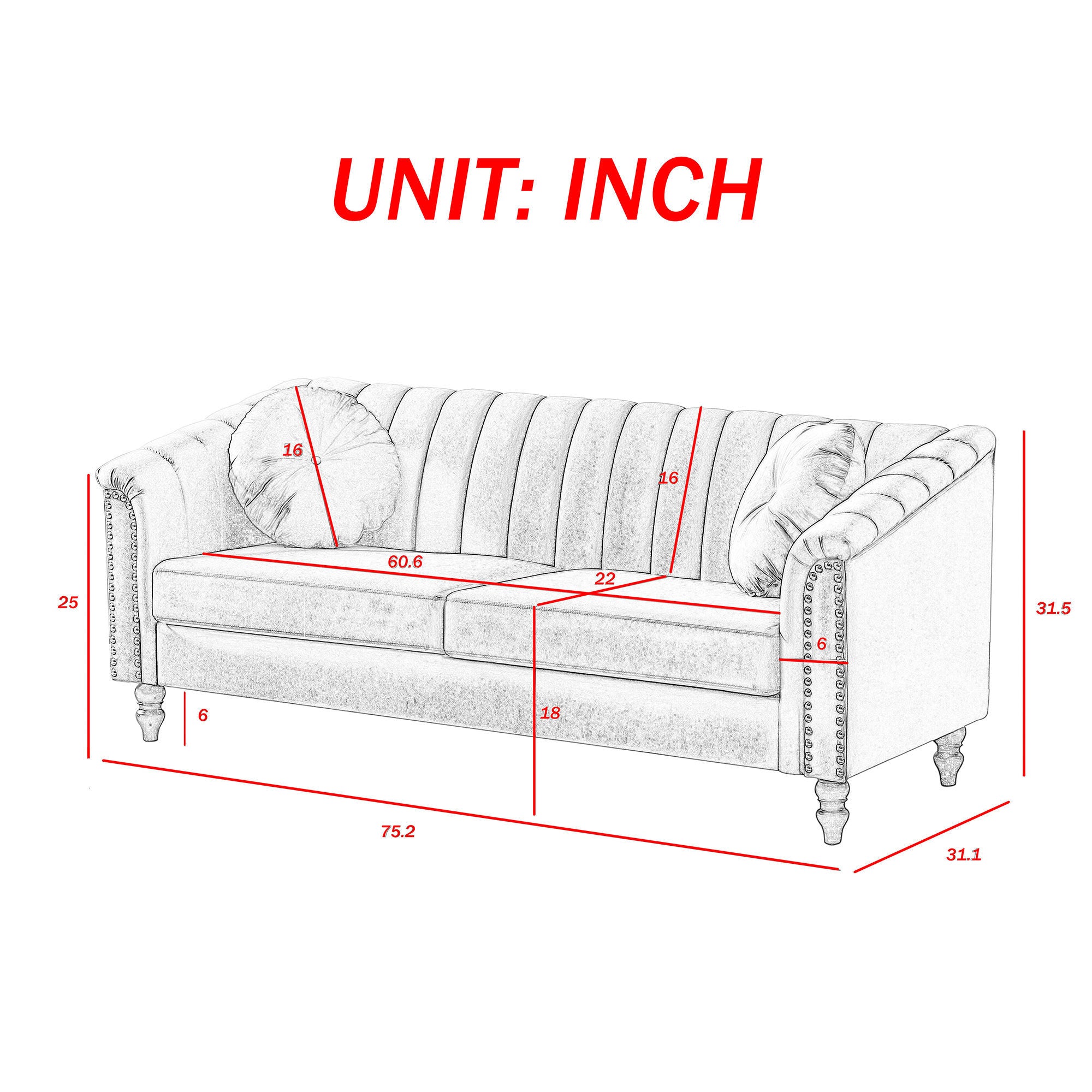 MH Modern Velvet Upholstered Sofa Couch, 3 Seat Tufted Back with Nail Arms, Solid wood Legs, Sleeper Sofa for Living Room, Compact Living Space, Apartment, Bonus Room, Grey - Atlantic Fine Furniture Inc