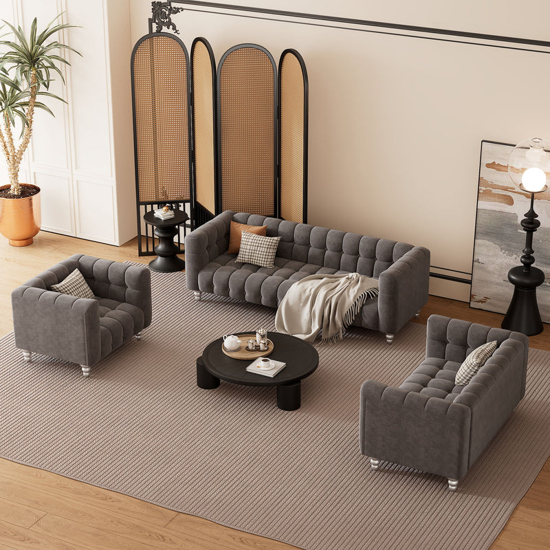 Modern 3 Piece Sofa Set With Solid Wood Legs, Buttoned Tufted Backrest, Dutch Fleece Upholstered Sofa Set Including Three-Seater Sofa, Double Seat And Living Room Furniture Set Single Chair, Gray