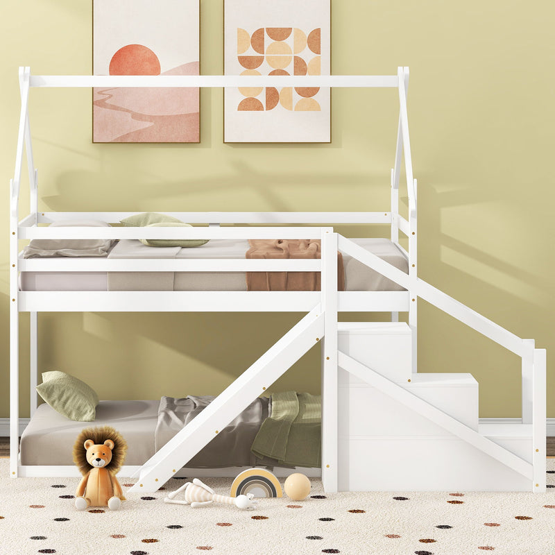 Twin Over Twin House Loft Or Bunk Bed With Slide And Staircase, White