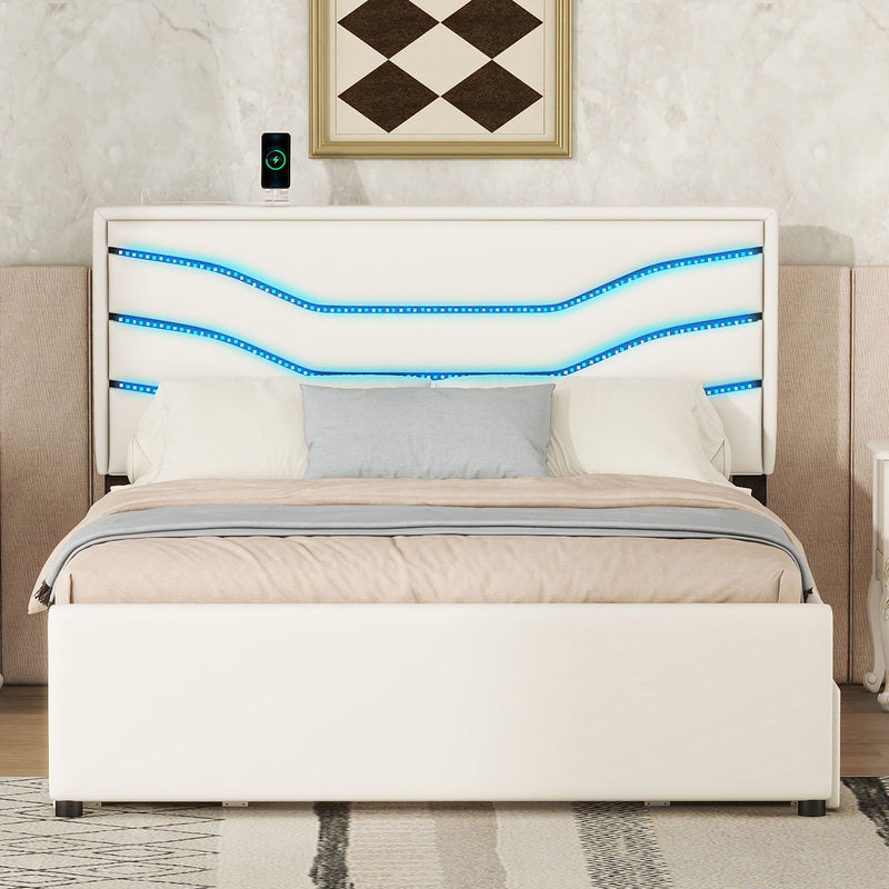 Queen Size Upholstered Storage Platform Bed With Led, 4 Drawers And Usb Charging, White