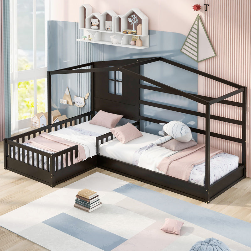 Wood House Bed Twin Size, 2 Twin Solid Bed L Structure With Fence And Slatted Frame Espresso)
