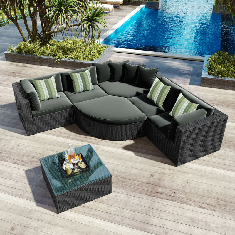 Go 7 Piece Outdoor Wicker Sofa Set, Rattan Sofa Lounger, With Striped Green Pillows, Conversation Sofa, For Patio, Garden, Deck, Black Wicker, Gray Cushion