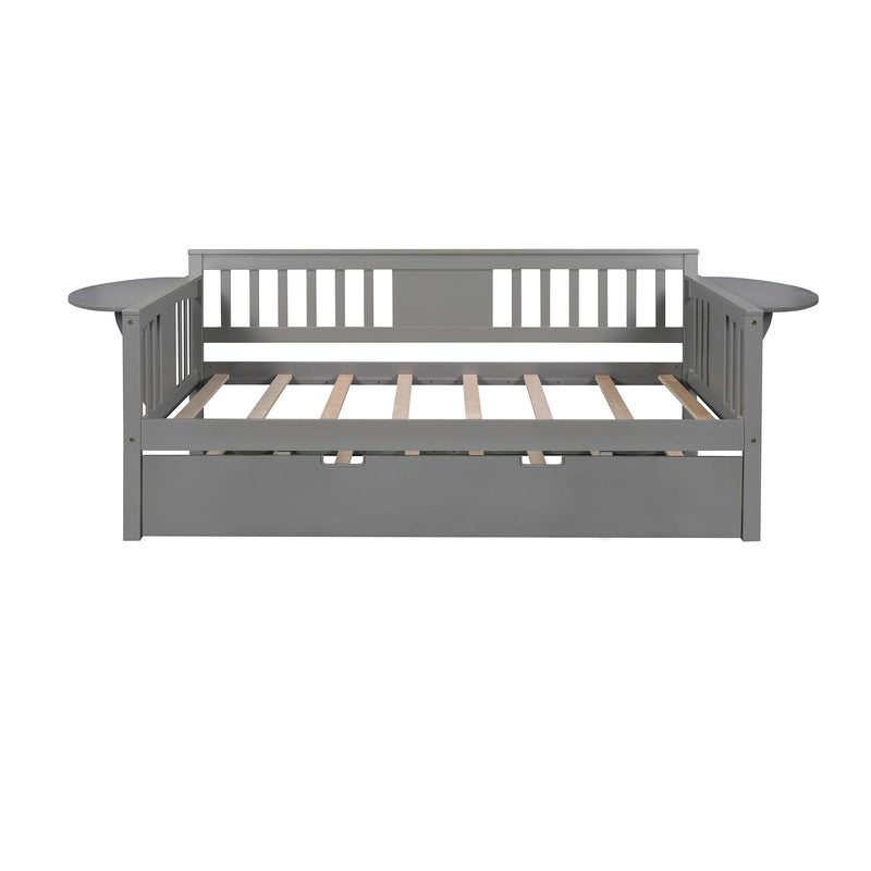 Wooden Daybed With Trundle Bed With Small Tables - Sofa Bed For Bedroom - Living Room - Gray