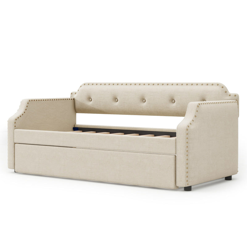 Upholstered Daybed With Trundle, Wood Slat Support, Upholstered Frame Sofa Bed, Twin, Beige
