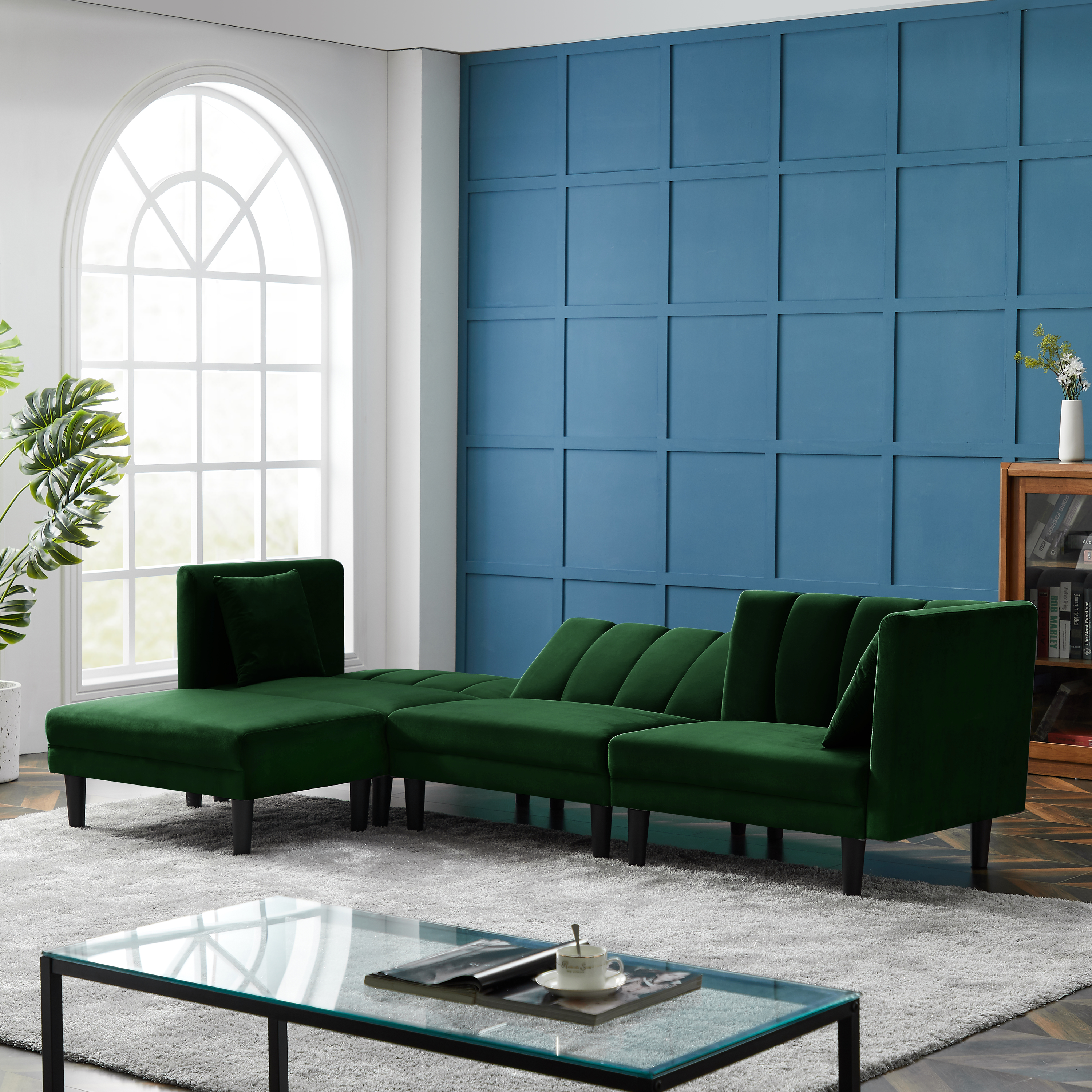 REVERSIBLE SECTIONAL SOFA SLEEPER WITH 2 PILLOWS DARK GREEN VELVET（W223S00093） - Atlantic Fine Furniture Inc