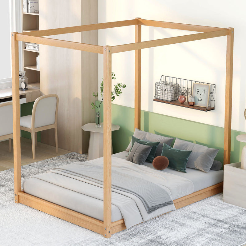 Full Size Canopy Platform Bed With Support Legs, Natural