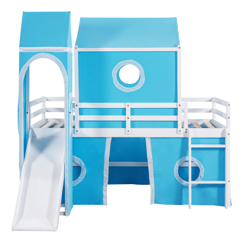 Twin Size Bunk Bed With Slide Tent And Tower - Blue