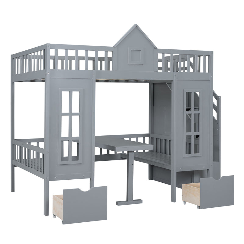 Full-Over-Full Bunk Bed With Changeable Table, Bunk Bed Turn Into Upper Bed And Down Desk - Gray