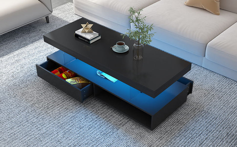 U-Can Led Coffee Table With Storage, Modern Center Table With 2 Drawers And Display Shelves, Accent Furniture With Led Lights For Living Room, Black