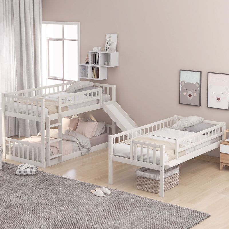 Twin-Over-Twin-Over-Twin Triple Bed With Built-In Ladder And Slide, Triple Bunk Bed With Guardrails, White