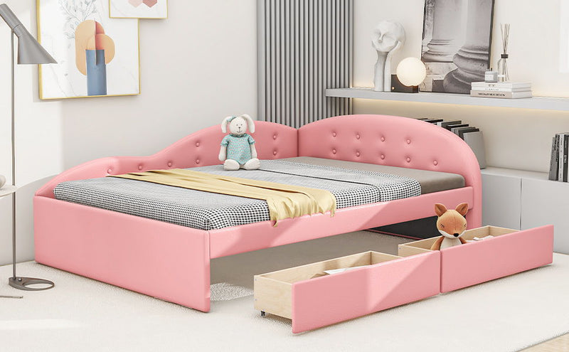 Full Size PU Upholstered Tufted Daybed With Two Drawers And Cloud Shaped Guardrail, Pink