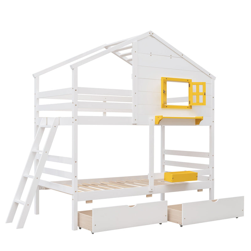 Twin Over Twin Bunk Bed With 2 Drawers, 1 Storage Box, 1 Shelf, Window And Roof - White