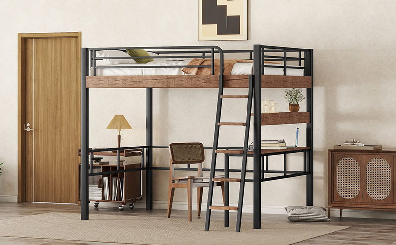 Metal Full Size Loft Bed With Built - In Desk, Storage Shelf And Ladder, Black