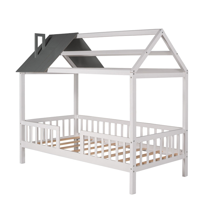 Twin Size Wood House Bed With Fence, White / Gray