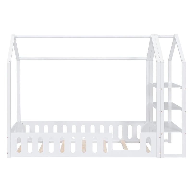 Twin Size Wood House Bed With Fence And Detachable Storage Shelves, White