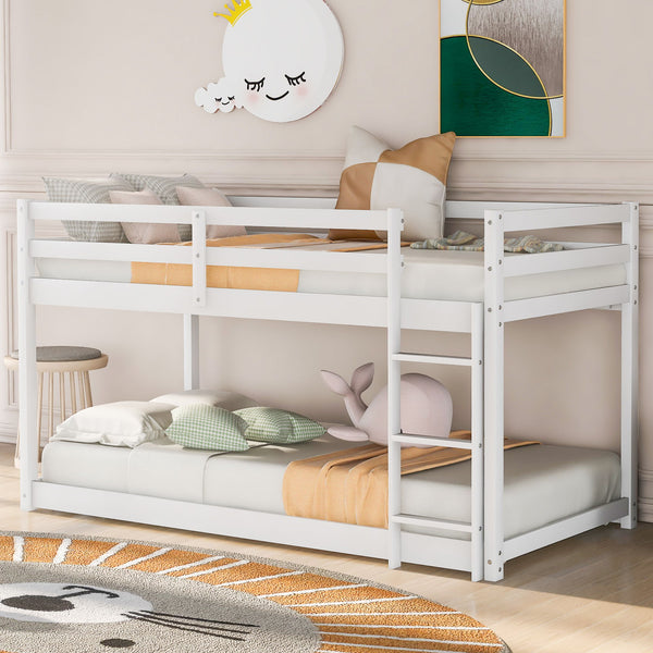 Twin Over Twin Floor Bunk Bed With Ladder, White