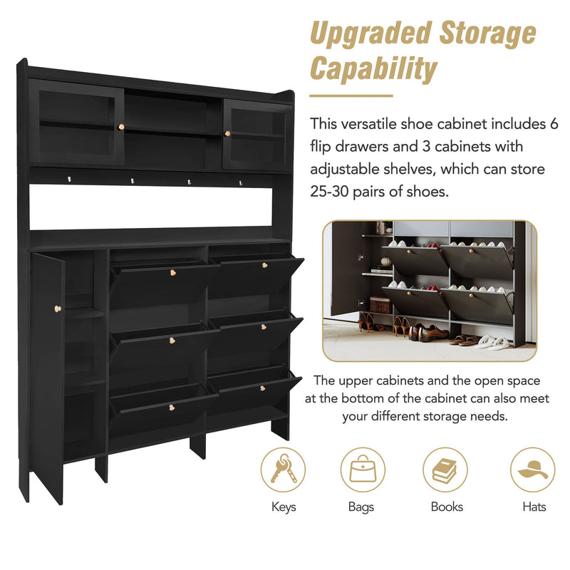 On-Trend Multifunctional Shoe Cabinet With Storage Shelf & 6 Flip Drawers, Modern Large Hall Tree With Tempered Glass Doors, Elegant Foyer Cabinet With 4 Hooks For Hallway, Black
