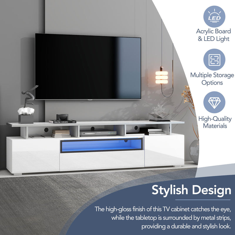 On-Trend Modern TV Stand With Push To Open Doors, Uv High-Gloss Entertainment Center With Acrylic Board For Tvs Up To 80", Stylish TV Cabinet With Led Color Changing Lights For Living Room, White