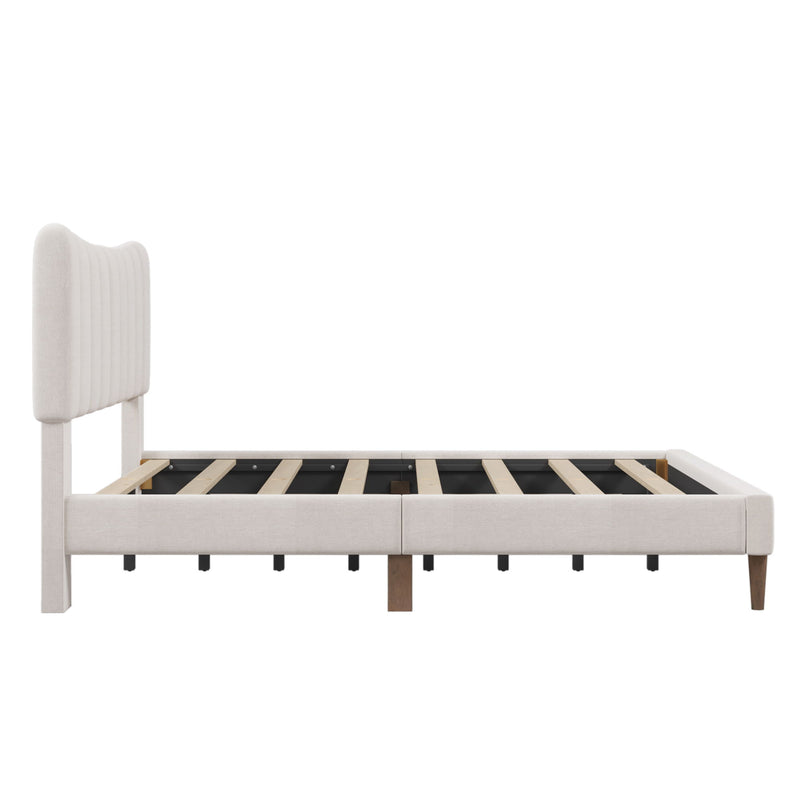 Upholstered Platform Bed Frame With Vertical Channel Tufted Headboard, No Box Spring Needed, Queen, Cream