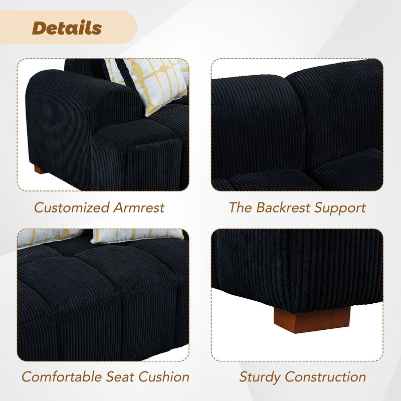 Modern Couch Corduroy Fabric Comfy Sofa With Rubber Wood Legs, 4 Pillows For Living Room, Bedroom, Office, Black