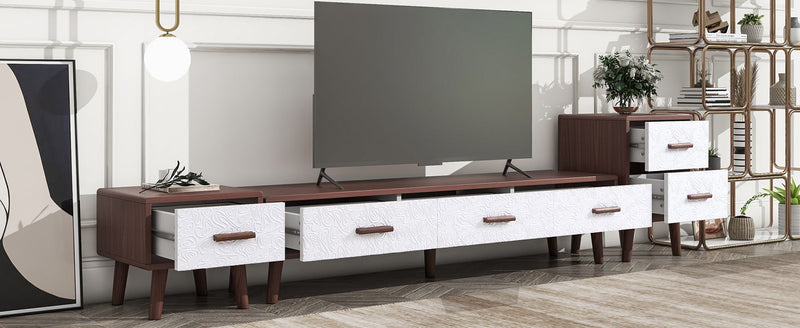 U-Can 3 Piece TV Stand Set, 1 TV Stand And 2 End Tables With Drawers And Embossed Patterns For Living Room, Brown / White