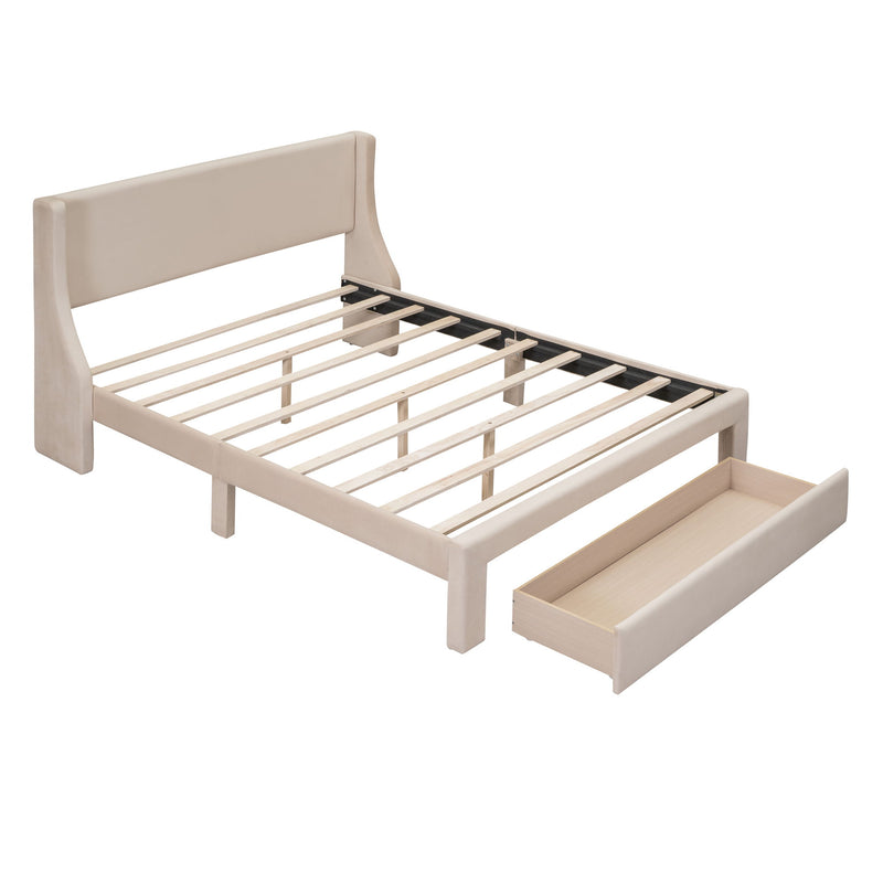 Queen Size Storage Bed Velvet Upholstered Platform Bed With A Big Drawer - Beige