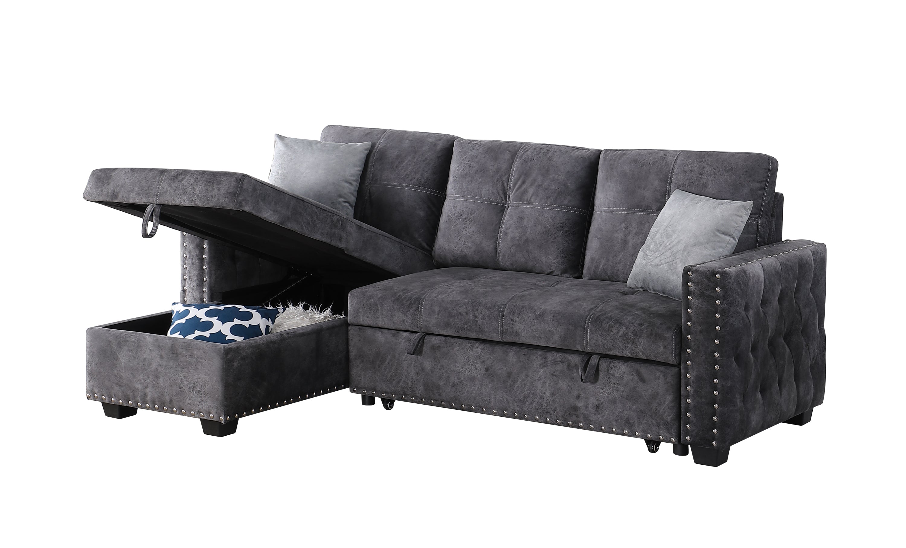 Reversible Sleeper Sectional Storage Sofa Bed,Corner Sofa-Bed With Storage,3 Seat Both Left Handed And Right Handed, Nailheaded - Atlantic Fine Furniture Inc