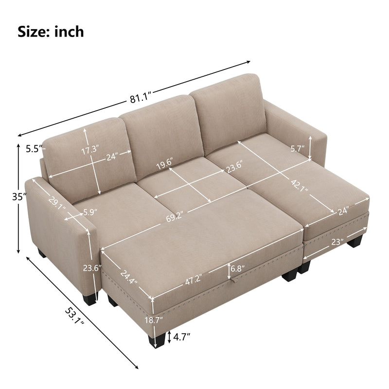 [New]81" Reversible Sectional Couch With Storage Chaise Shaped Sofa For Apartment Sectional Set, Sectional Sofa With Ottoman, Nailhead Textured Linen Fabric 3 Pieces Sofa Set, Warm Gray