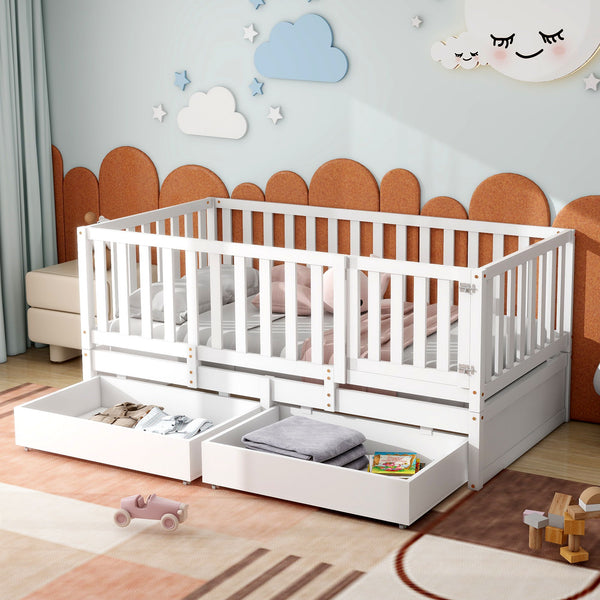 Twin Size Wood Daybed With Fence Guardrails And 2 Drawers, Split Into Independent Floor Bed & Daybed, White